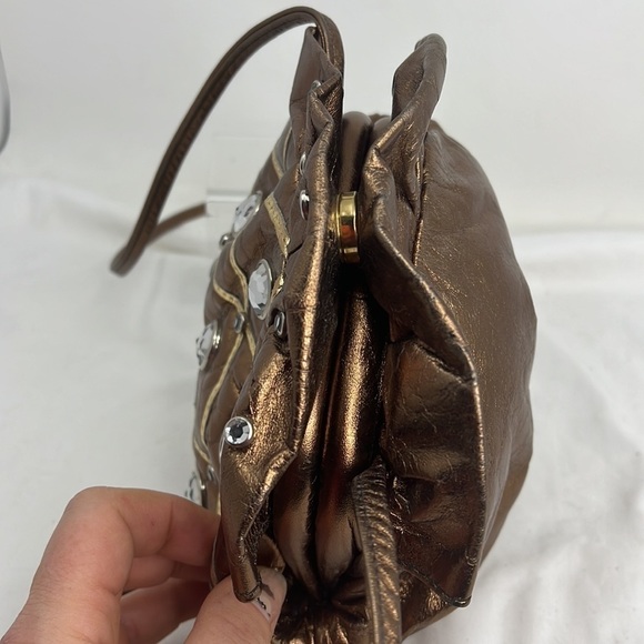 Vintage Bronze Soft Leather Crystal Studded Top Frame Shoulder Bag Crossbody - Picture 6 of 10